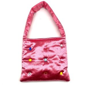 PINK SATIN RAINBOW GEMS SHOULDER TOTE HAND BAG MAGNETIC HOT PEPPER CLUB
